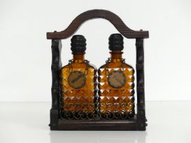 2 Brown Glass Decanters with Whisky and Vodka Neck Tags in carved wooden Tantalus