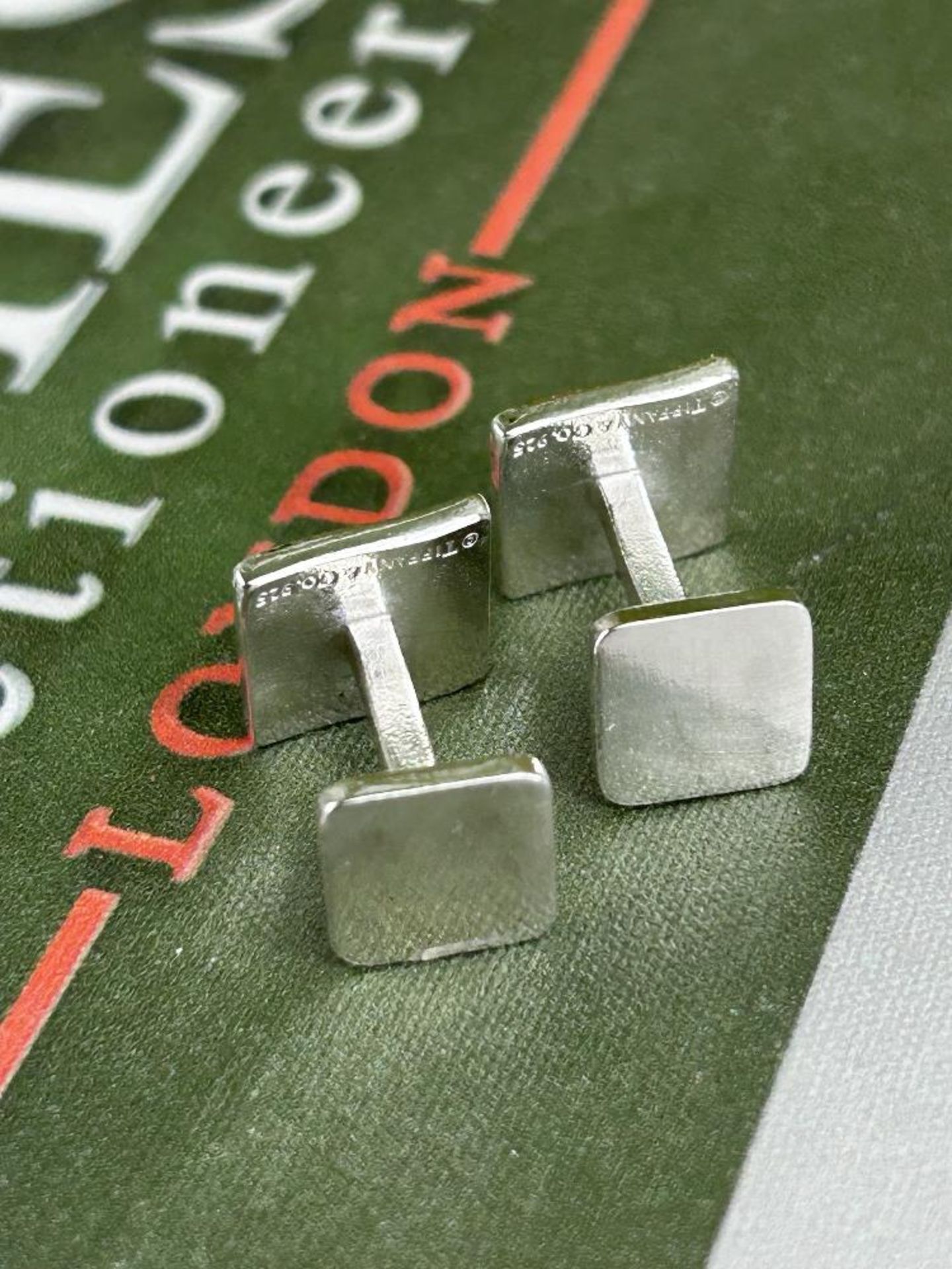 Tiffany & Co Classic Notes Curved Rectangle Silver Plated logo Cufflinks - Image 3 of 4