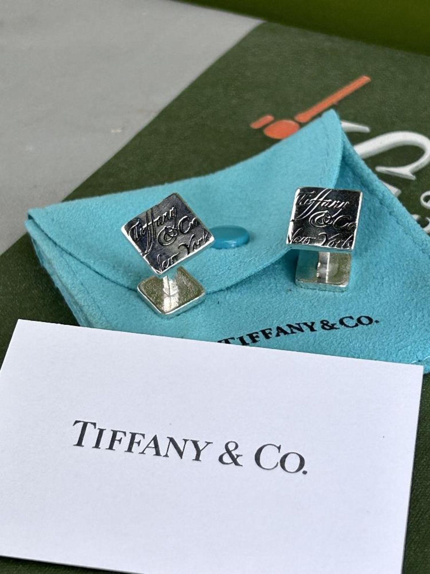 Tiffany & Co Classic Notes Curved Rectangle Silver Plated logo Cufflinks - Image 4 of 4