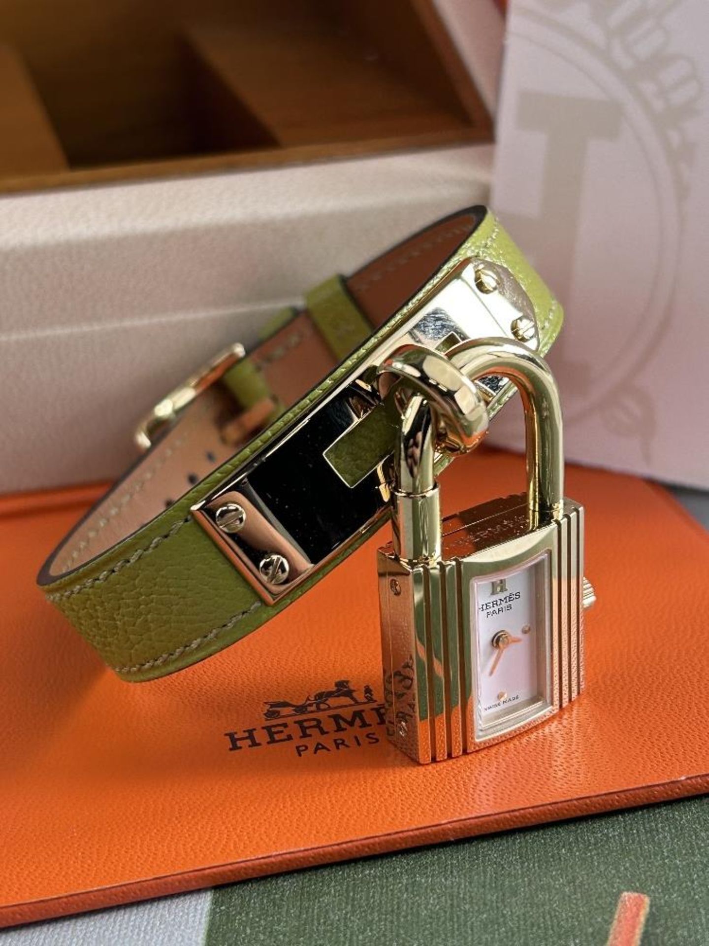 Hermes Kelly Watch Gold Plated Green Leather