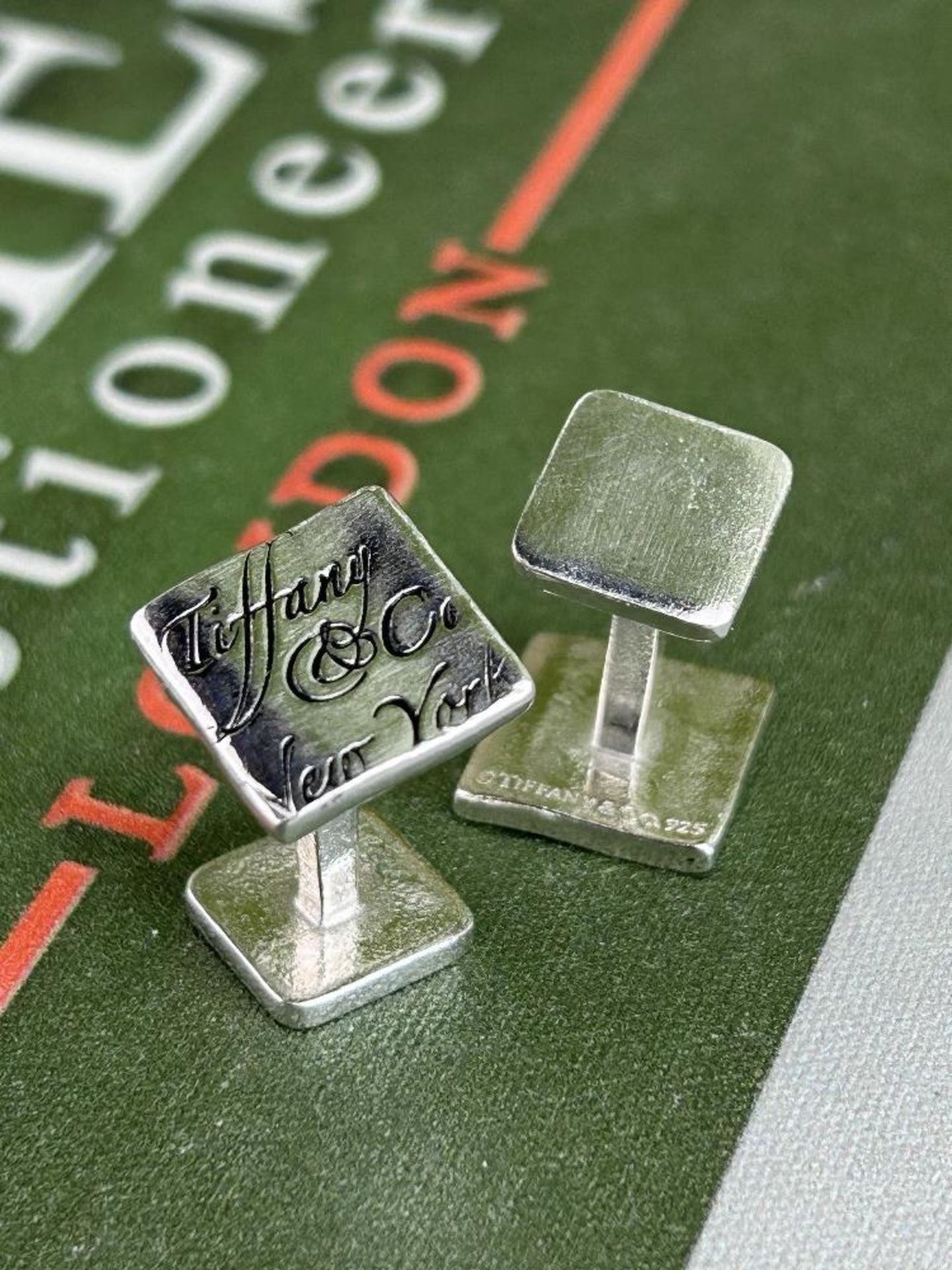 Tiffany & Co Classic Notes Curved Rectangle Silver Plated logo Cufflinks - Image 2 of 4