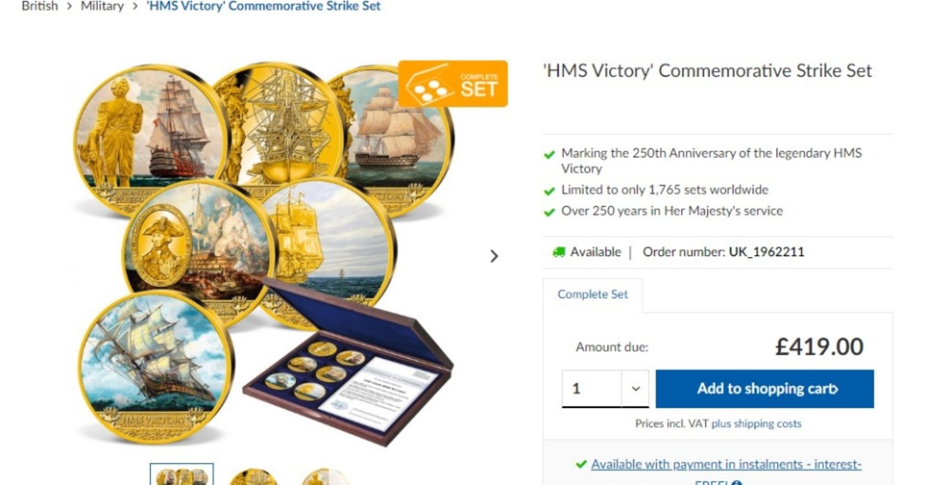 Windsor Mint ‘250th Anniversary of HMS Victory’ Gold Plated Set - Image 7 of 7