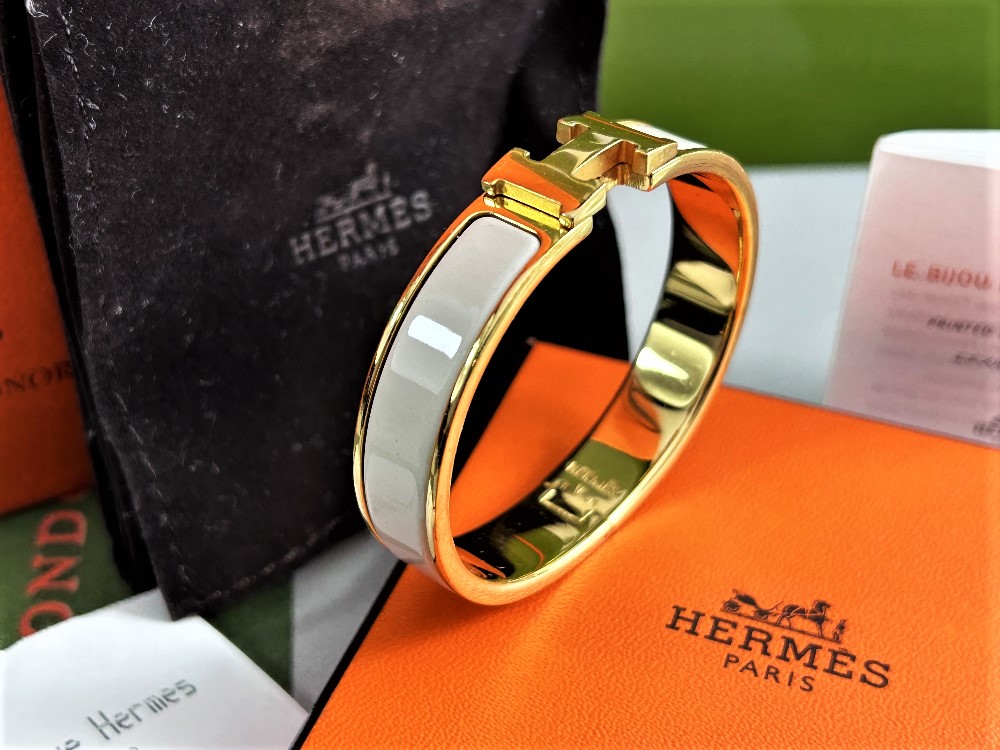 Lot Now Sold Do Not BiD-Hermes Paris- Clic Clac H Bracelet Grey Enamel/Gold