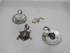 Vintage Four Sterling Charms, Turtle; Fleur-de-Lis; May Birthday; Maple Leaf, 1960's-1980's