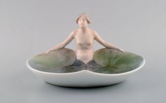 Early And Rare Royal Copenhagen Art Nouveau Dish In Hand-painted Porcelain. Naked Woman And Water...