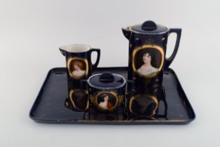 Antique Coffee Service In Hand-painted Porcelain With Motifs Of Young Women In Profile And Gold D...
