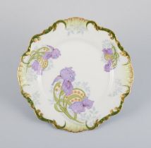 P. Dauphin, Paris, A Set Of Six Art Nouveau Faience Plates Decorated With Flowers And Gold Rim.