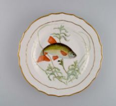 Royal Copenhagen Porcelain Dinner Plate With Hand-painted Fish Motif And Golden Border. Flora / F...