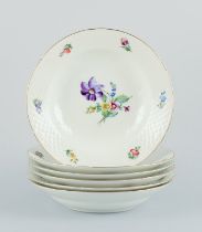 Bing & Grøndahl, Saxon Flower, A Set Of Six Deep Plates Hand-decorated With Polychrome Flowers An...