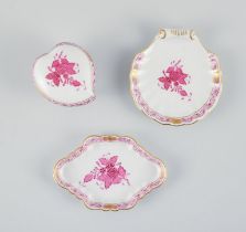 Three Small Herend "pink Indian" Porcelain Pieces With Hand-painted Purple Flowers And Gold Decor...