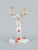 Herend, Hungary, Two-armed Porcelain Footed Candlestick, Hand-painted With Orange Flowers.