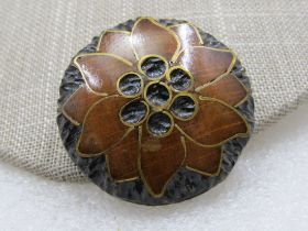 Vintage Inlaid Carved Wood Blossom Brooch , Mid-Century, 1.5"