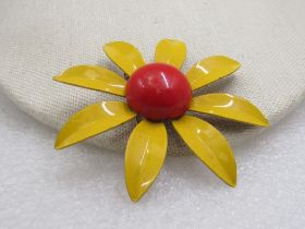 Vintage Yellow & Orange Enameled Floral Brooch, 1960's