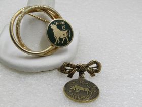 Vintage Pair Taurus Zodiac Brooches, 1960's-1970's