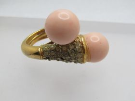 Faux Pink Coral & Rhinestone Bypass Ring, Bold, Sz. 4 - 5, Signed JKL, 1960's-1970's