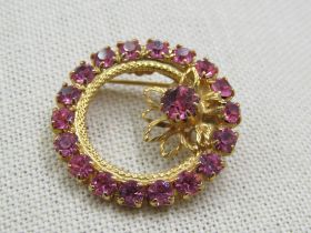 Vintage Pink Rhnestone Circle Brooch, 1970's, 1.25"