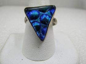 Vintage Sterling Mod Triangular Blue Glass Ring, Unisex, Adjustable