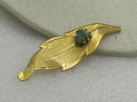 Vintage Gold Tone Green Agate Leaf Brooch, 2.75", 1960's