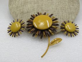 Vintage Enameled Brown & Dijon Floral Brooch Earrings Set