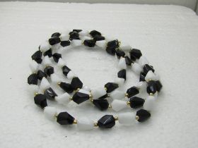 Vintage Black & White Lucited Beaded Necklace, 52", 1970's-1980's