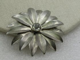 Vintage Silver Tone Blossom Brooch with Rhinestone 2"