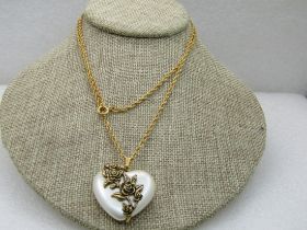 Vintage Faux Pearl Rose Heart Necklace, 30" Rope Chain, 1.5mm, 1970's