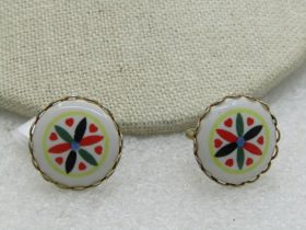 Vintage Hex Sign Earrings, Screw Back, 1960's-1970's, Round