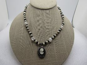 Black & Faux Pearl Cameo Locked Necklace, 20", 2000, Signed