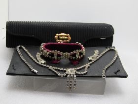 Vintage Rhinestone Costume Jewelry, Silk Case, Necklace, Earrings, Bracelet, Change Purse Mirror,...