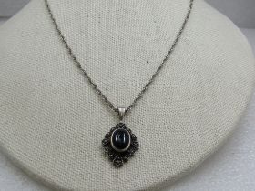 Vintage Sterling Onyx Marcasite Necklace, 20", Signed