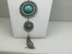 Vintage Southwestern Faux Turquoise & Necklace, 23", 7.5" Tasseled Pendant