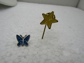 Vintage Enameled Butterfly & Star Tack Pin Lot, 2 Pins, Blue/Yellow