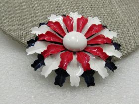 Vintage Red White Blue Floral Brooch, 1960's, 2.5"