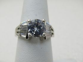 Silver Tone Tiered CZ Engagement Ring, Sz. 7.5, 2TCW Main Stone with Baguettes