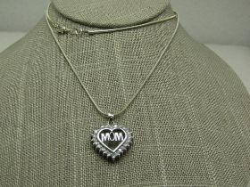 Silver Tone MOM Heart Necklace, Clear Stones, 22"