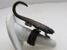 Antique African Tribal Bronze 6 Legged Lizard Ring, Sz. 7.75, Heavy