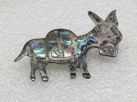 Vintage Sterling Inlaid Abalone Donkey Brooch, Mexico, Signed