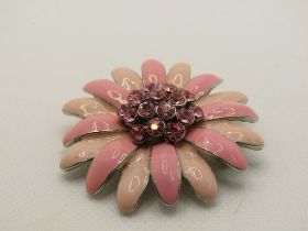 Vintage Pink Enameled Rhinestone Daisy Brooch, 2"