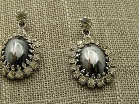 Vintage Rhinestone Hematite Drop Earrings, Art Deco Themed, 1.25"