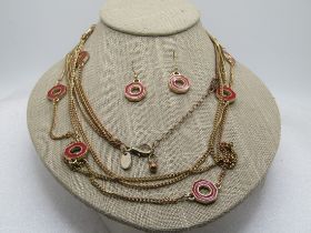 Vintage Red Enameled Octagonal Link Necklace, Triple Strand. 40", 1980's, Signed