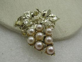 Vintage Faux Pearl Yellow Rhinestone Grape Brooch, 1950's-1960's