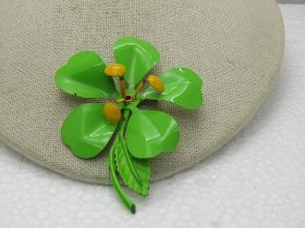 Vintage Enameled Green Floral Pin, 1960's. 3"