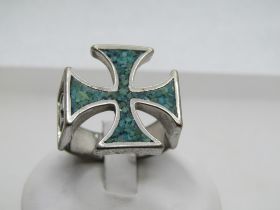 Vintage Turquoise Chip Maltese Cross Ring, Sz. 10.25, 1980's, Biker Ring