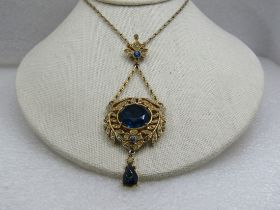 Vintage Clear & Blue Rhinestone Lavalier Necklace, Signed ART, 18"