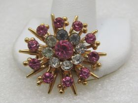 Vintage Pink & Clear Rhinestone Brooch, Snowflake/Blossom, 1.5"