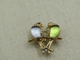 Vintage Love Birds Brooch, Rhinestones, Blue/Yellow-Green, 1.25"