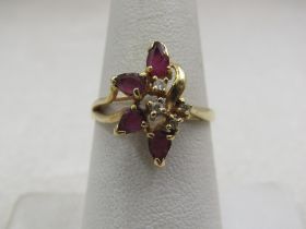 Vintage 14kt Ruby & Diamond Cluster Ring, Sz. 7.5, Signed PJ