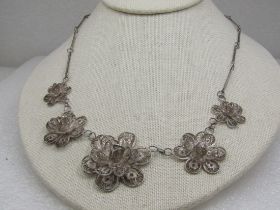 Vintage .800 Silver Floral Filigree Necklace, 18.5", 1940's