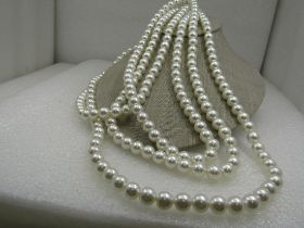 Vintage Pearl Necklace, Sterling Box Clasp. 88", 9.5mm White Faux Pearls