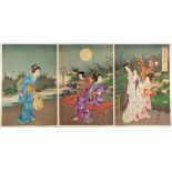 Chikanobu, Night Garden, Original Japanese Woodblock Print